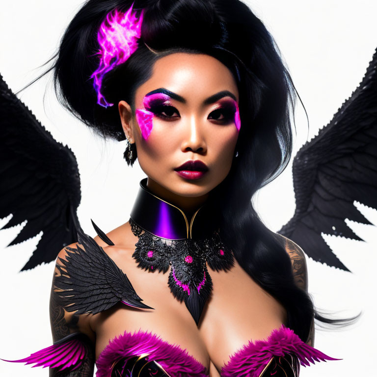 Woman with dramatic makeup, pink highlights, black wings, and tattoos in fantasy-inspired pose