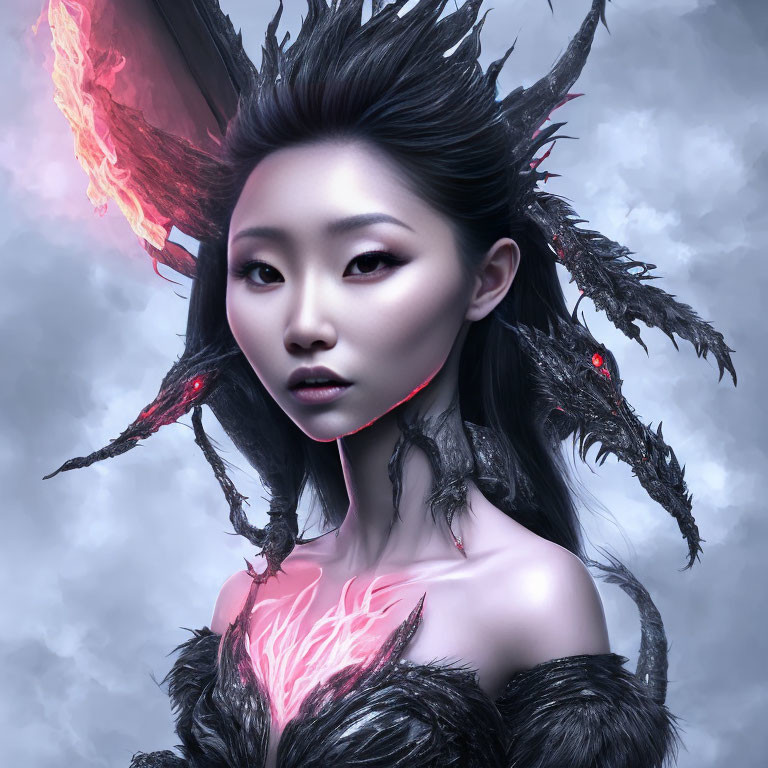 Digital art portrait of woman with dark, spiked features and glowing red accents in fantasy or sci-fi theme