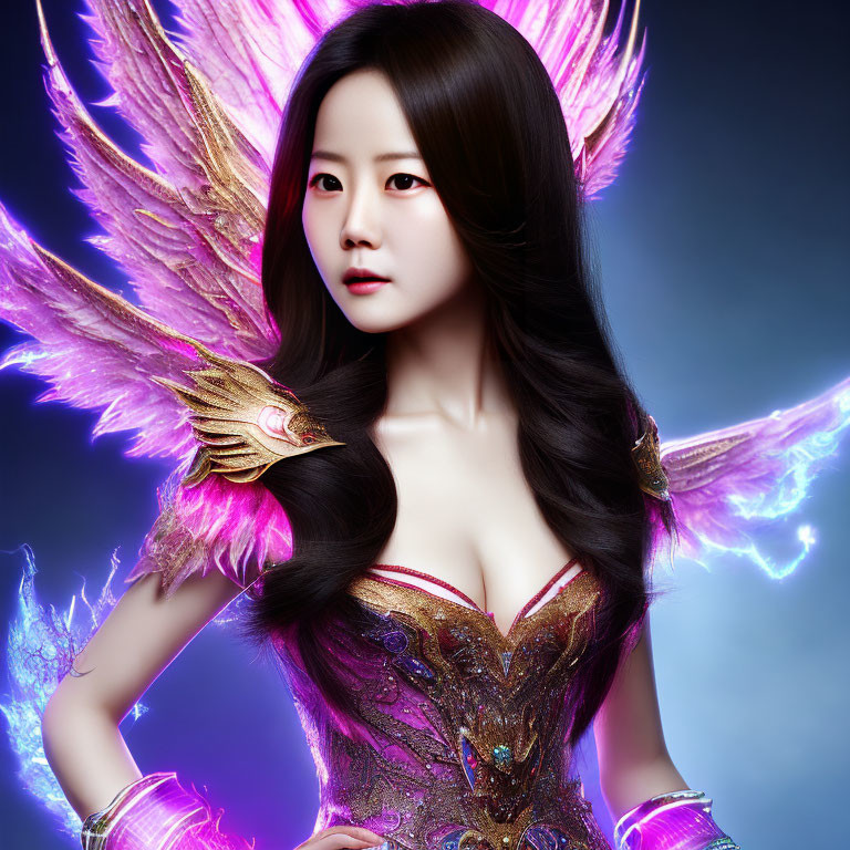 Digital artwork: Woman with pink wings, purple bodice, ethereal glow