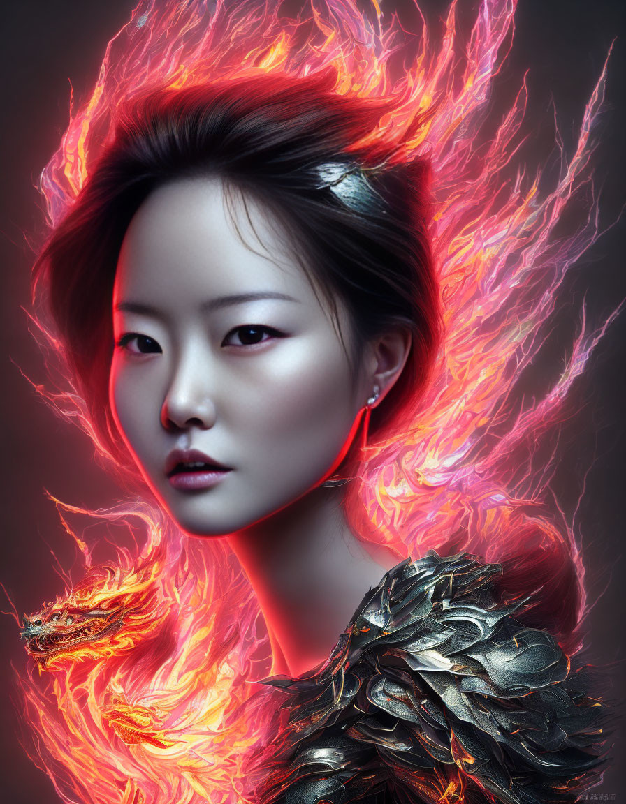 Fiery red-haired woman in scale-like attire with ethereal flames and fire dragon