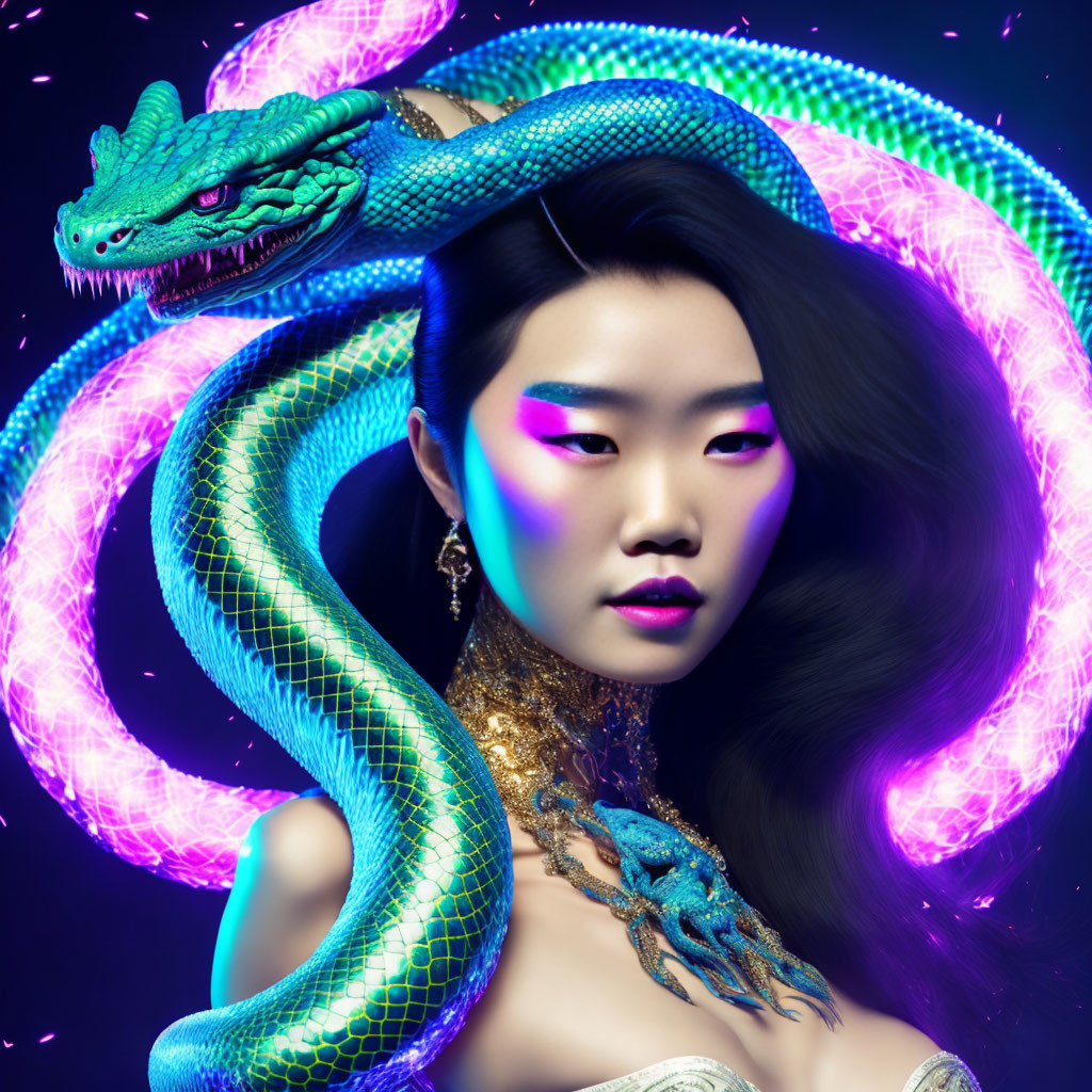 Striking makeup woman with green serpent on blue backdrop