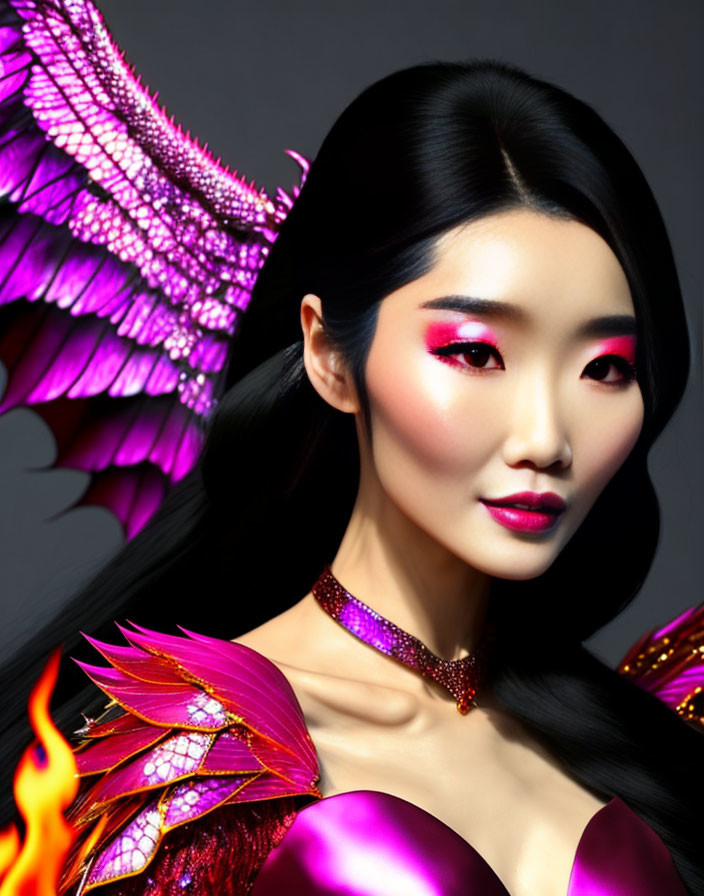 Asian woman digital artwork with fantasy costume and fiery elements