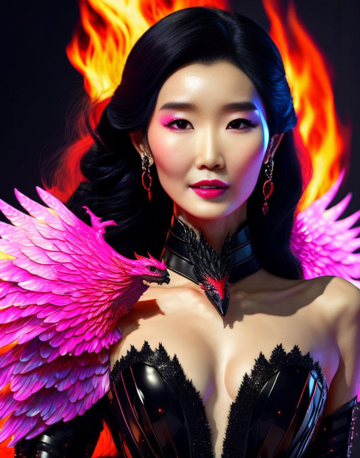 Woman with bold makeup and black outfit with pink winged creature in fiery backdrop.