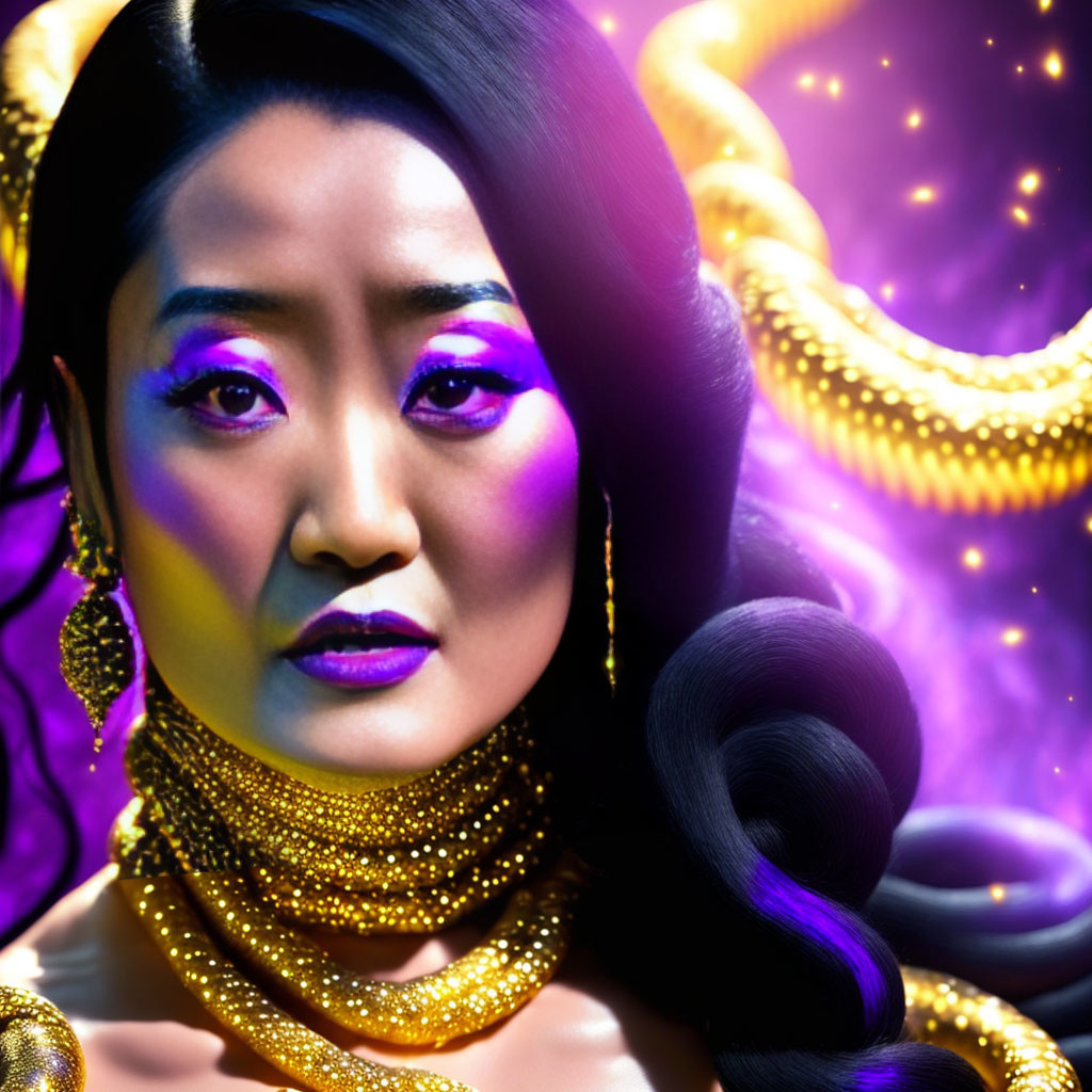 Striking makeup and gold jewelry against vibrant purple background