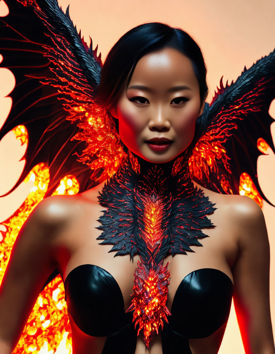 Model with Fiery Dragon-Inspired Wings and Outfit