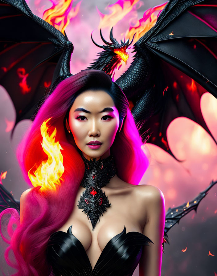 Vibrant pink-haired woman with black dragon against fiery backdrop