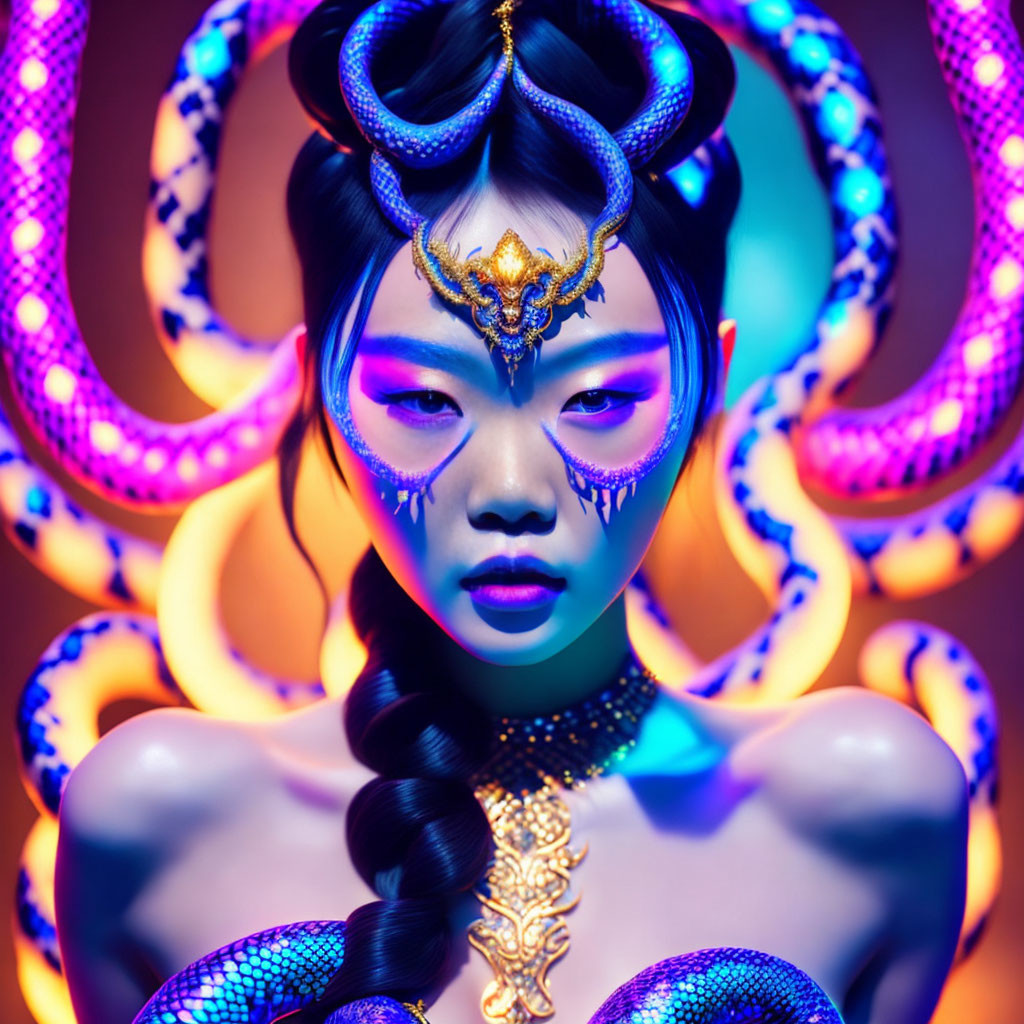 Vibrant portrait of a woman with serpent-inspired makeup and gold accessories