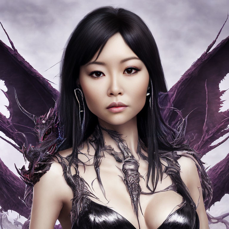 Dark-haired woman in fantasy attire with dragon wing motifs