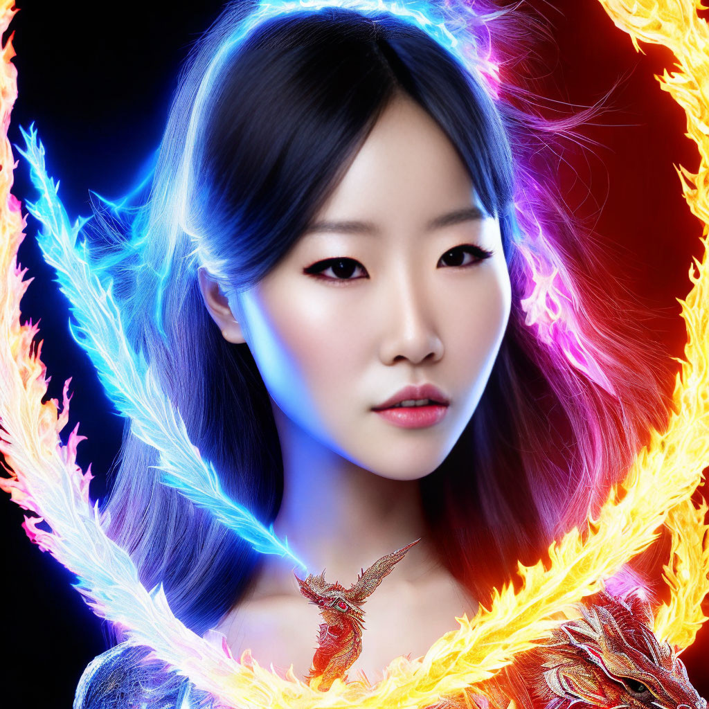 Portrait of Asian woman with dual-toned lighting and fiery bird feathers