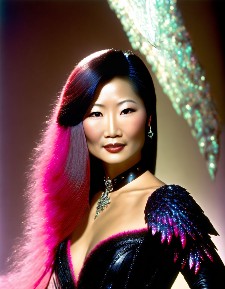 Woman with Pink to Blue Gradient Hair in Black Outfit on Brown Backdrop