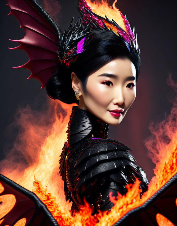 Woman in dramatic black dress with winged shoulders and fiery effects, fantasy or mythical creature vibe.