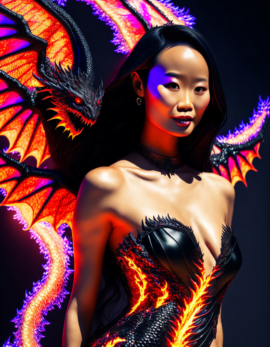 Woman with glowing dragon winged creature in vivid orange and red hues