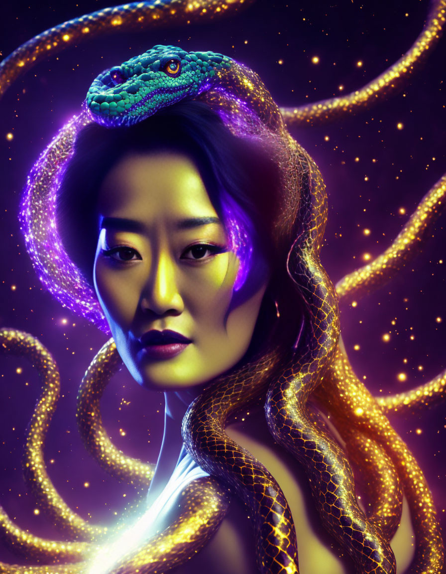 Serene woman with vibrant snake on neck against purple backdrop