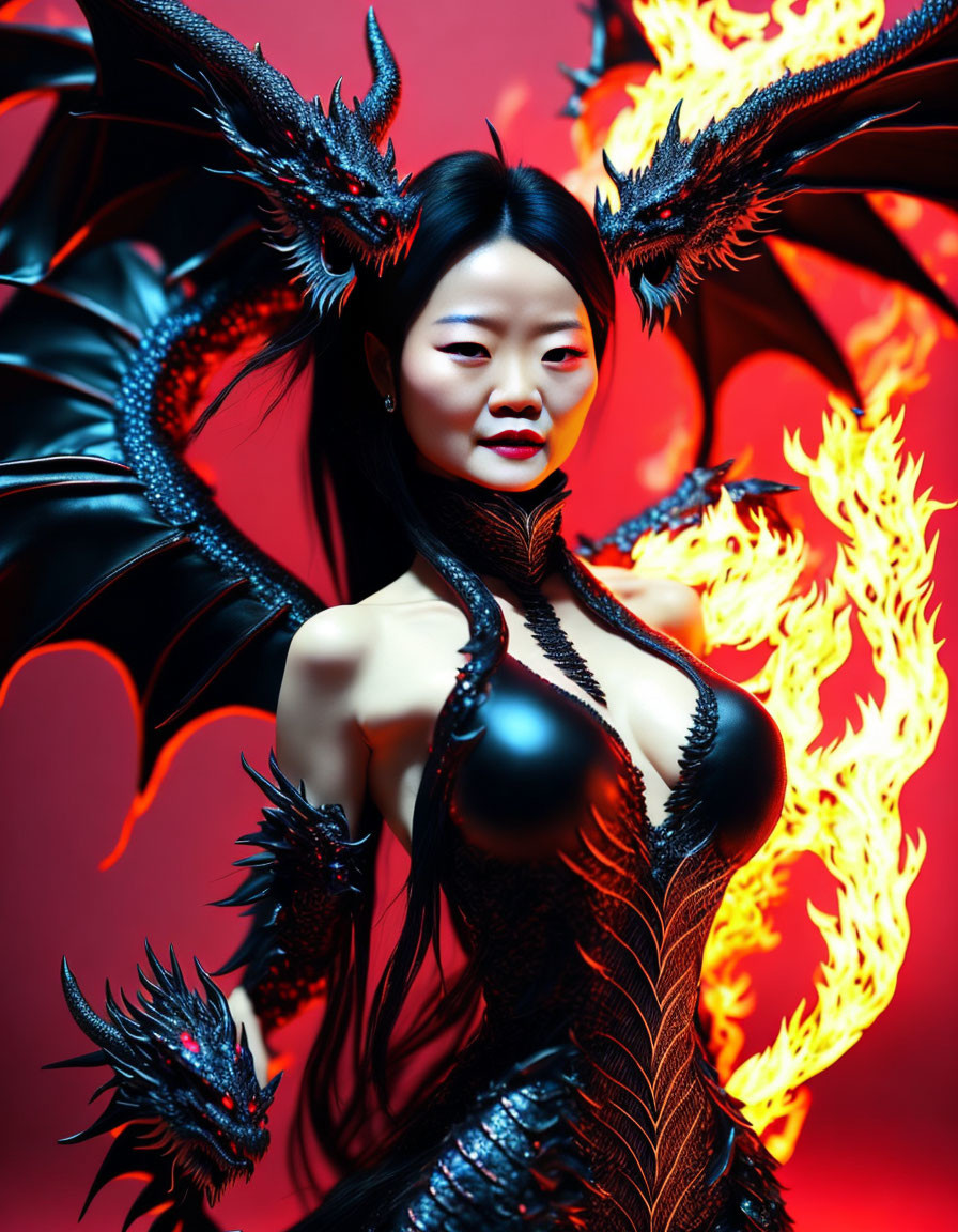 Dark-haired woman in dragon-themed costume with winged creatures on red background