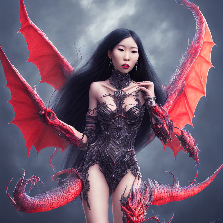 Fantasy image of woman with dragon wings and tail in dark armor and mystical background