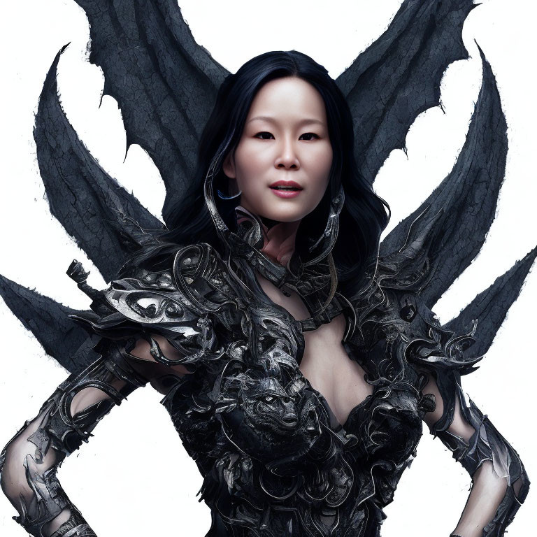 Dark-haired woman in ornate black armor with wing-like extensions and silver necklace.