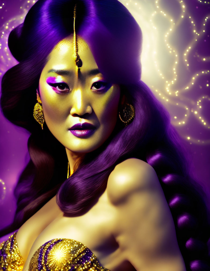 Portrait of woman with purple hair, gold dress, and jewelry on sparkling background