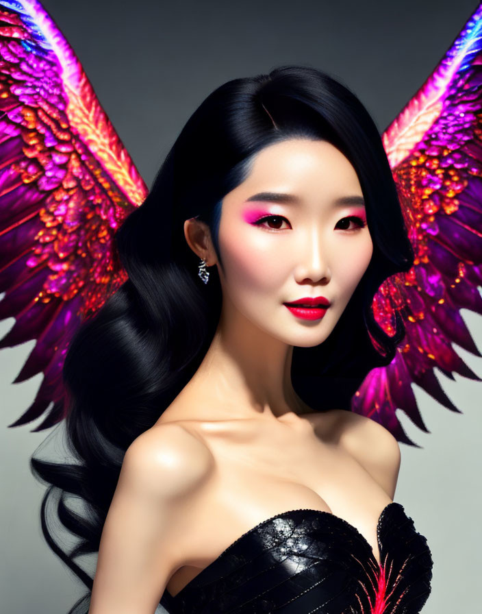 Colorful portrait of a woman with angel wings and elegant attire