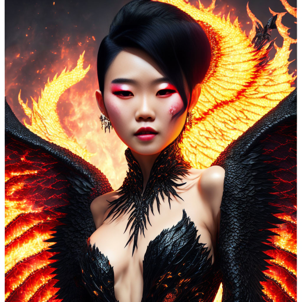 Person portrait with phoenix-themed makeup and fiery wings on flame backdrop