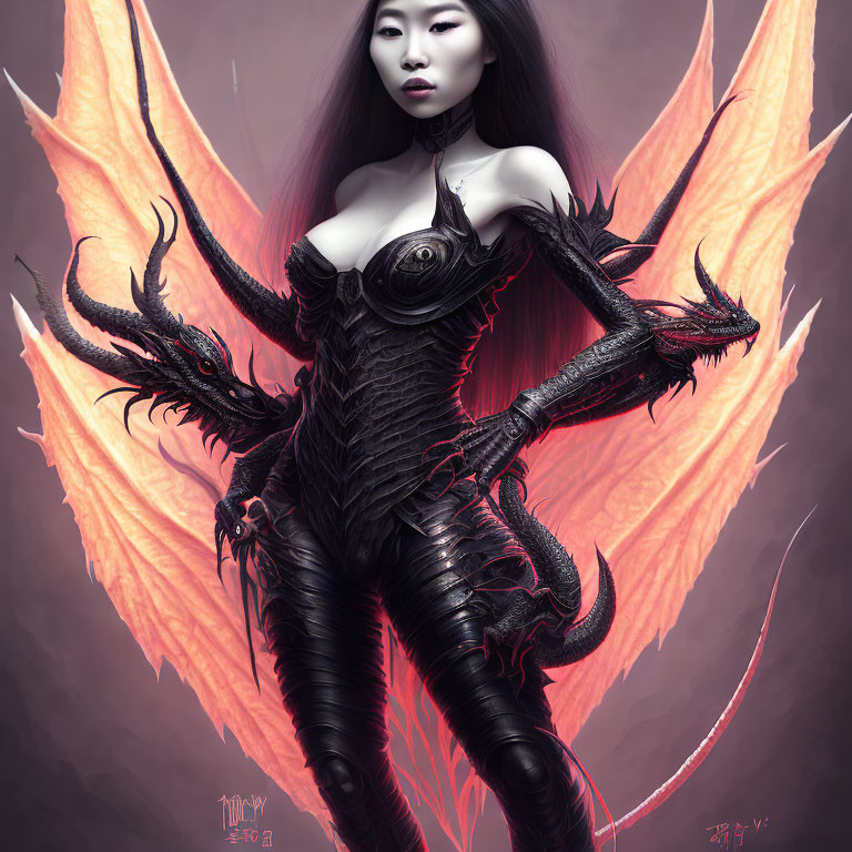 Illustration of pale-skinned woman in dragon-themed bodysuit