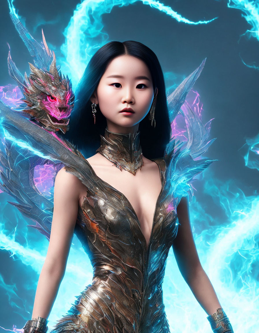 Dark-haired woman in dragon-themed armor against blue energy backdrop