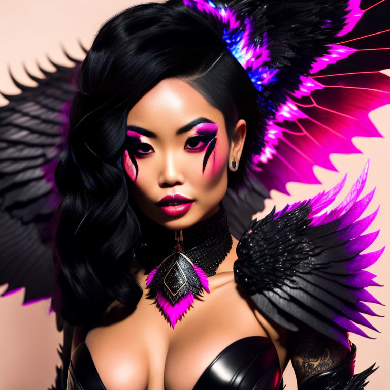 Stylized portrait of a woman with dramatic winged makeup and black feathered accessories