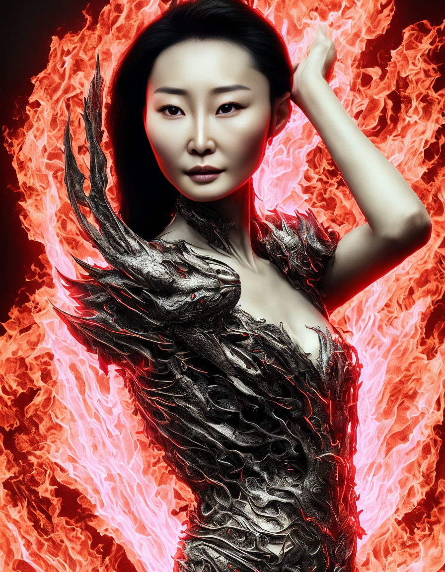 Asian woman in metallic armor poses against fiery backdrop