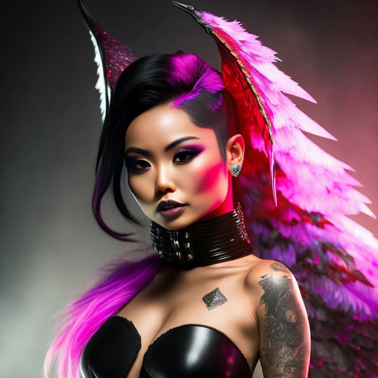 Woman with Dramatic Makeup and Vibrant Feathered Hairstyle and Choker