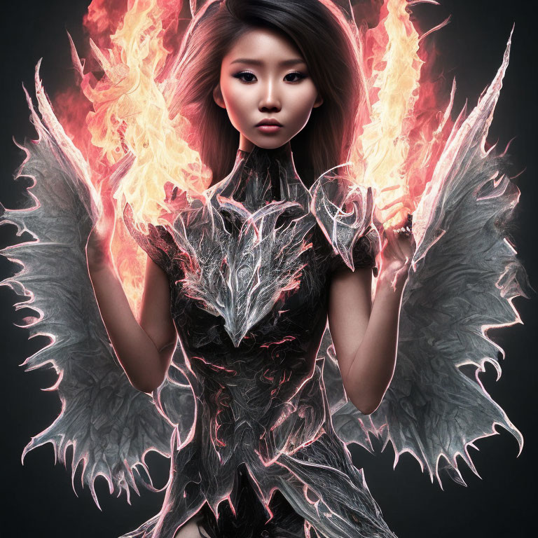 Intense gaze woman in fiery winged costume with icy crystal arms