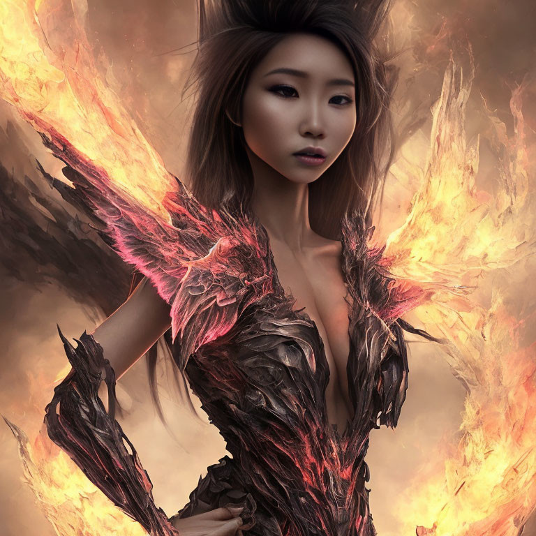 Striking woman in fiery feather-like armor against blazing backdrop