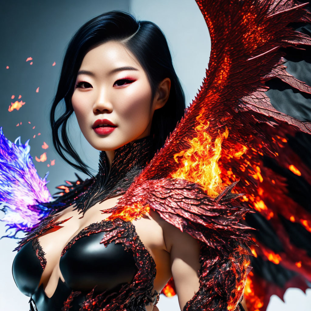 Woman with fiery wing makeup against cool background