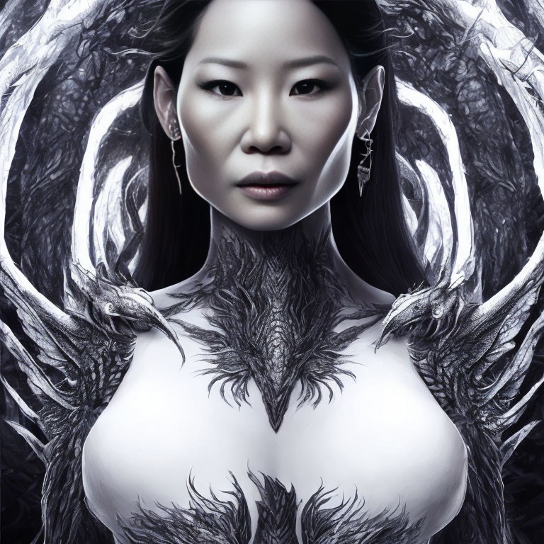 Monochromatic portrait of a woman with feathered wings, metallic ear accessories, and intense gaze ex