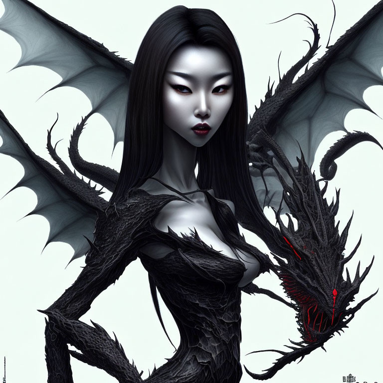 Fantasy illustration of a woman with dragon-like wings and scales holding a stylized dragon head with red