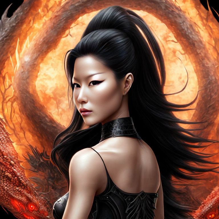 Woman with Black Hair in Fiery Dragon Background