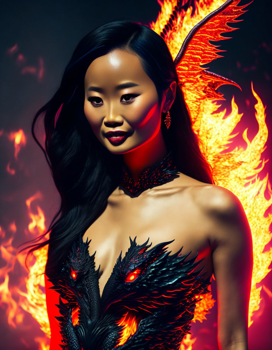 Figure in Dramatic Outfit Against Fiery Background