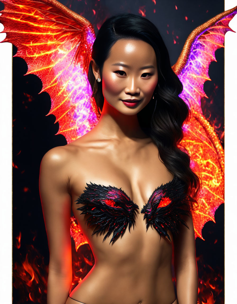 Striking figure with fiery wings and bold outfit design