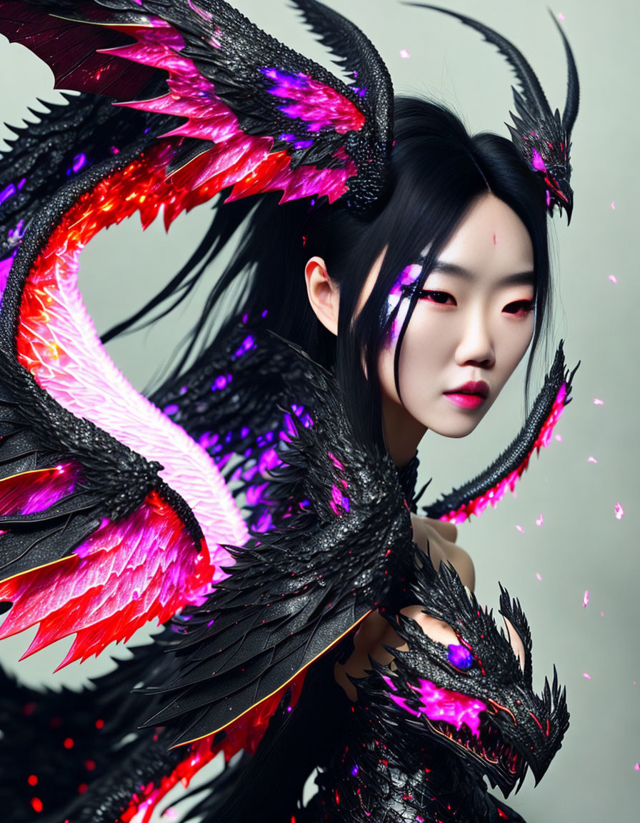 Digital Artwork: Asian Woman with Black and Magenta Feathered Wings