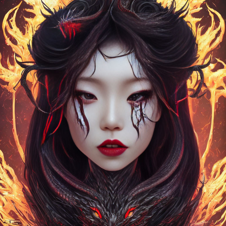 Digital artwork: Woman with pale skin, dark hair, red eyes, and fiery elements.