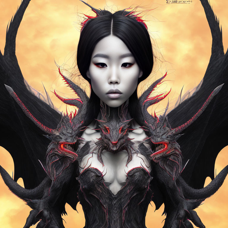 Symmetrical fantasy portrait with dark wings and horns on orange backdrop