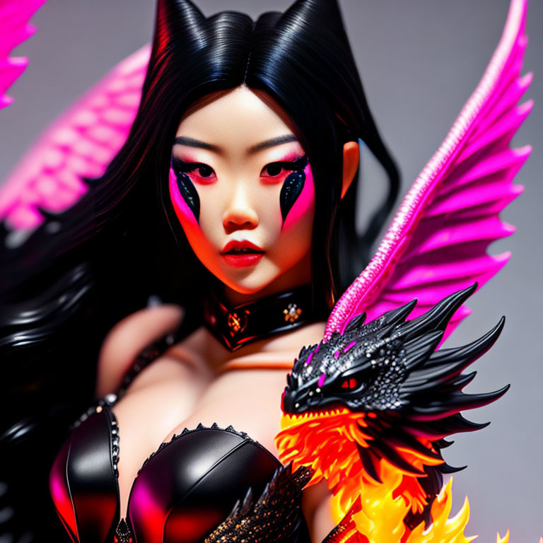 Stylized woman figure with black hair, winged eye makeup, pink wings, holding fiery dragon