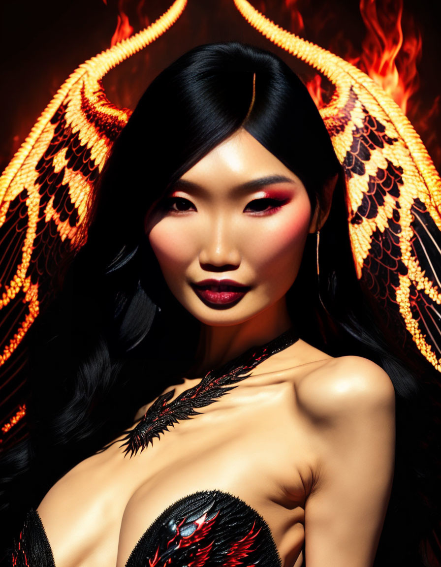 Figure with Dark Hair and Fiery Wings Against Flames