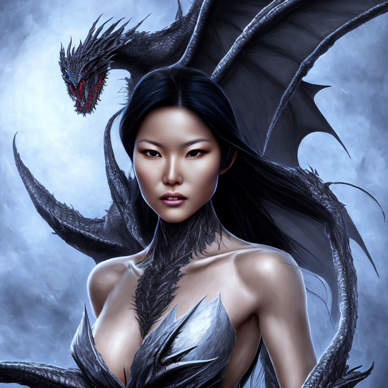 Dark-haired woman fantasy portrait with dragon-like features and menacing dragon in background