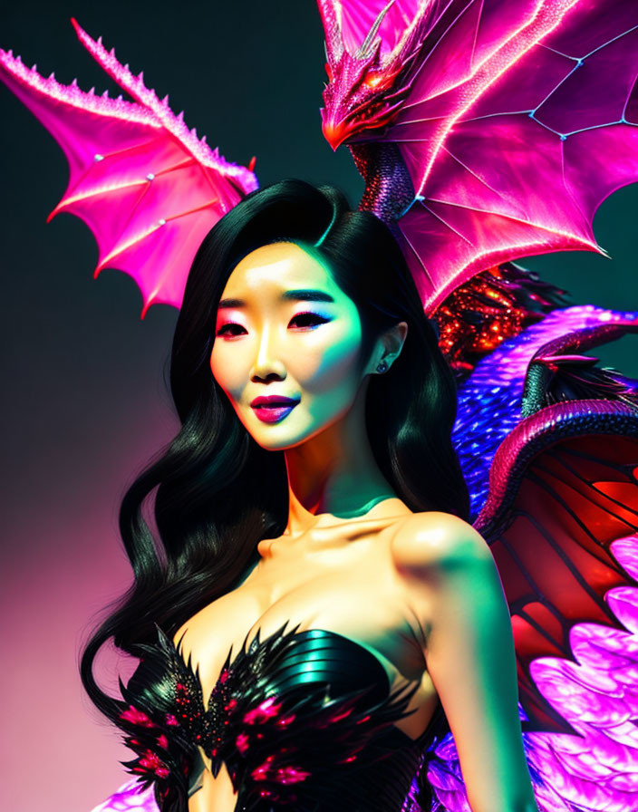 Woman in glowing makeup and black attire with iridescent dragon wings and companion.