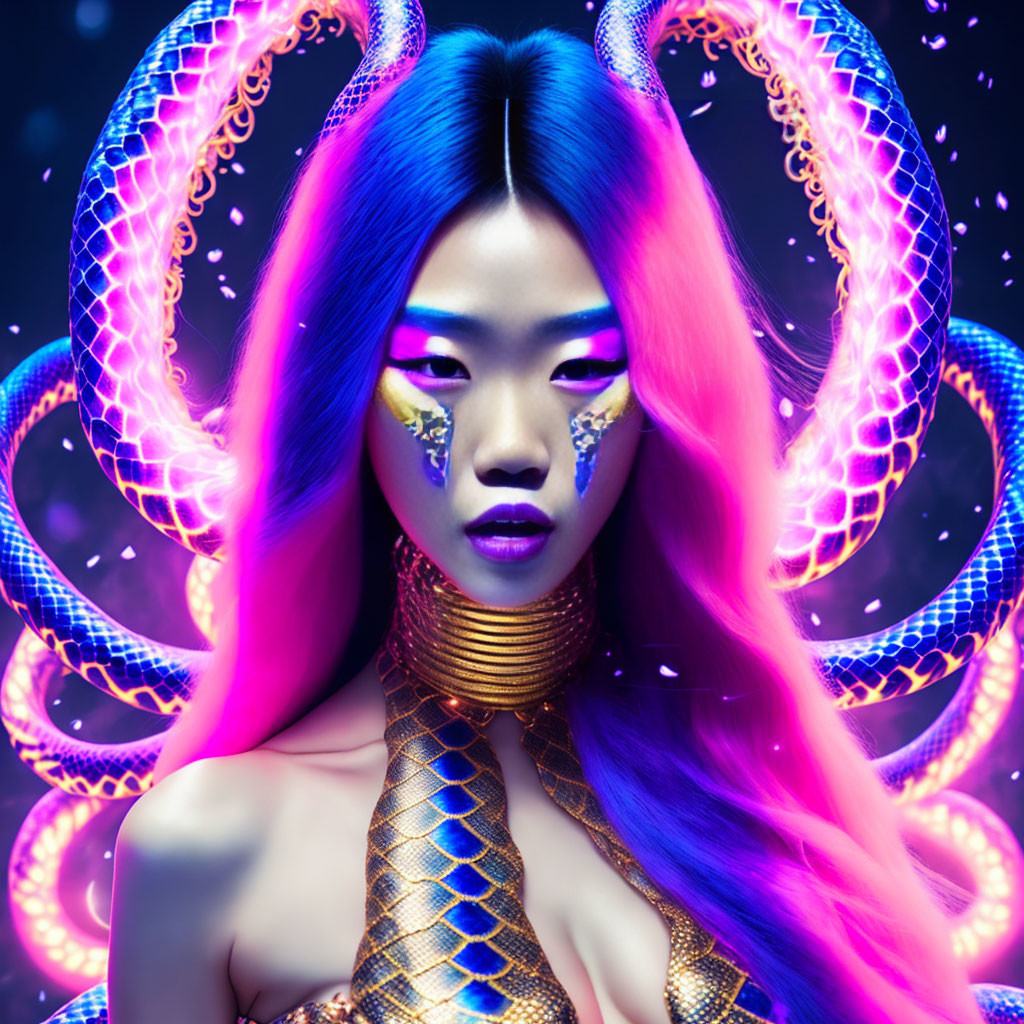 Vibrant purple and blue hair woman with snake-themed makeup and gold neck rings on swirling backdrop