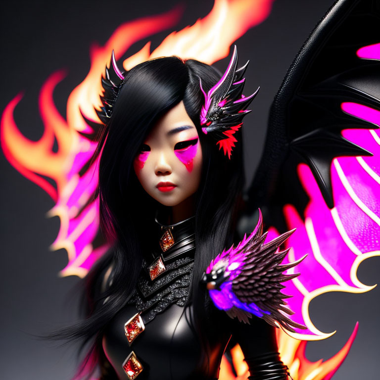 Digital artwork: Woman with dark hair, pink eyes, fiery wings, and armor in purple and red