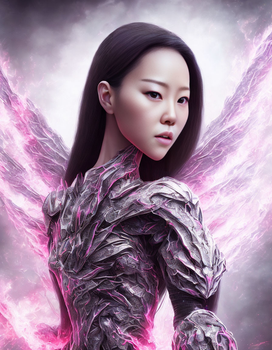 Digital Artwork: Woman with Ethereal Wings and Silver Armor on Mystical Background