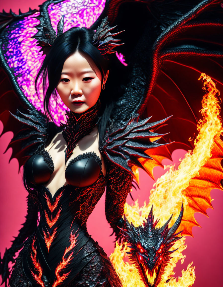 Fantasy warrior woman in dragon armor with fiery dragon on red backdrop