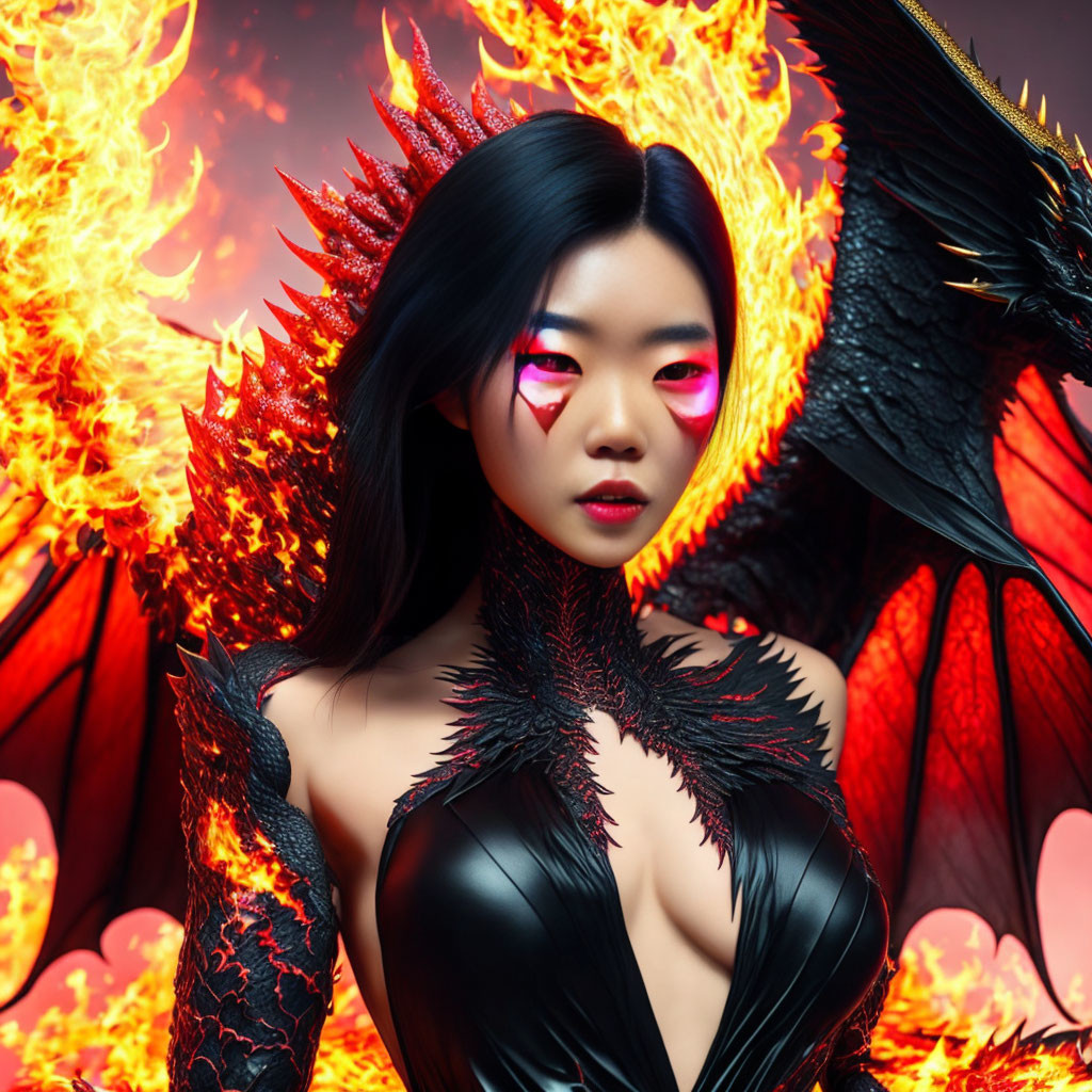 Red-eyed woman in black dragon-themed attire with fiery dragon.