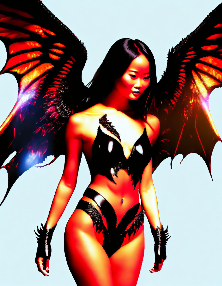 Digital artwork: Woman with black wings & fantasy attire on light background