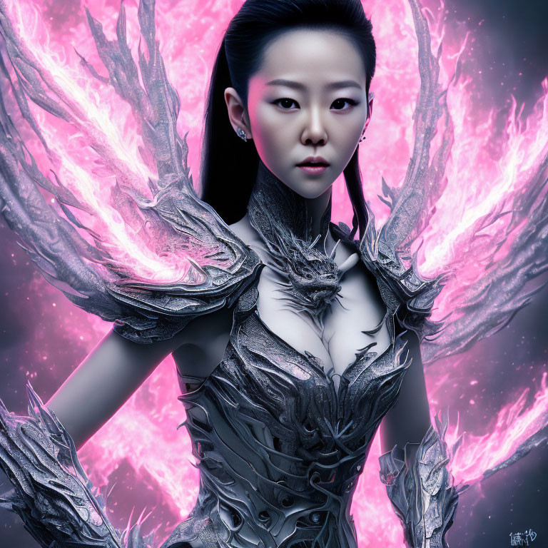 Digital Artwork: Woman in Armor with Pink Wings on Cosmic Background